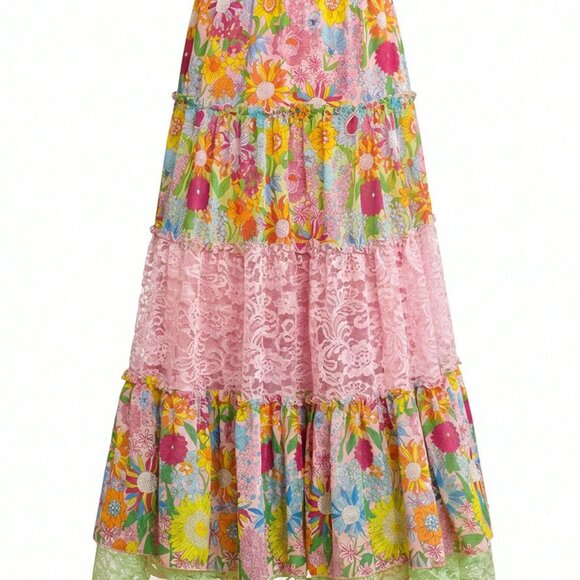 Multicolor Boho Women's Floral Print Contrast Lace A-Line Skirt - Picture 8 of 9